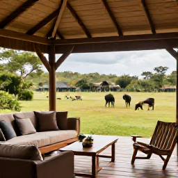 Caribbean Holidays, December Safaris, Family-friendly safari lodge with a wooden deck, comfortable seating and wildlife grazing beyond the garden