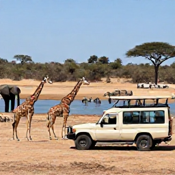 Caribbean Holidays, December Safaris, Open safari vehicle beside a waterhole with giraffes, zebras and elephants in a sunny African reserve