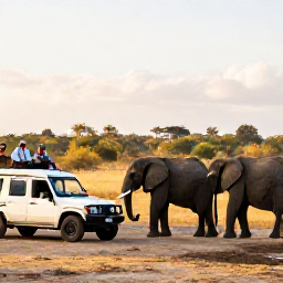 Caribbean Holidays, December Safaris, Safari travellers watching elephants near a waterhole at golden hour, with an experienced guide and open vehicle