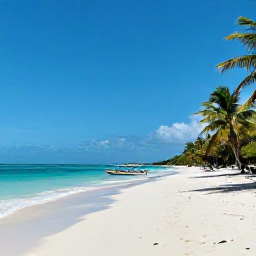 Caribbean Holidays, December Safaris, Tropical beach in Zanzibar after a safari, with white sand, turquoise water, palm trees and a small dhow boat