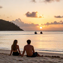 Caribbean Holidays, December Scuba Diving, A couple relaxing on a Caribbean beach at sunset after a day of scuba diving in the United States Virgin Islands