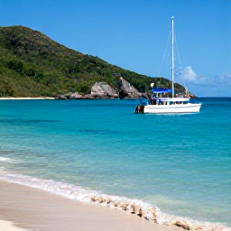 Caribbean Holidays, December Scuba Diving, A dive boat arriving at a sheltered bay beside green hills and bright Caribbean beaches in the US Virgin Islands