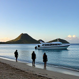 Caribbean Holidays, December Scuba Diving, A dive boat leaving a quiet beach on Saint Kitts at sunrise, with volcanic hills, calm blue sea and divers preparing their equipment