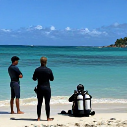 Caribbean Holidays, December Scuba Diving, A friendly Caribbean dive centre on Saint Kitts with scuba tanks, wetsuits and holidaymakers receiving a safety briefing beside the sea