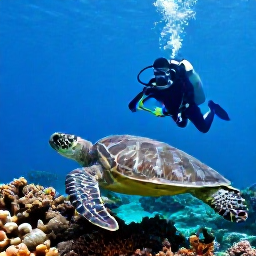 Caribbean Holidays, December Scuba Diving, A scuba diver observing a sea turtle above coral and sponges in the clear waters of the Caribbean