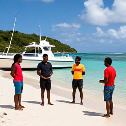 Caribbean Holidays, December Scuba Diving, Friendly Caribbean dive instructor briefing holidaymakers beside a boat on a sandy beach in Saint Vincent and the Grenadines