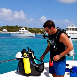 Caribbean Holidays, December Scuba Diving, Friendly scuba diving instructor preparing equipment beside a boat in a sunny Saint Barth&eacute;lemy harbour