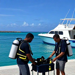 Caribbean Holidays, December Scuba Diving, Friendly scuba instructors preparing equipment beside a boat in a sunny Caribbean harbour