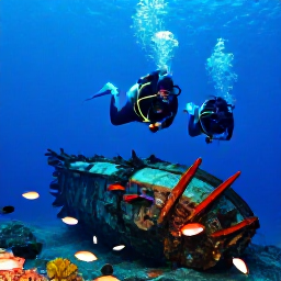 Caribbean Holidays, December Scuba Diving, Scuba divers swimming past a historic shipwreck surrounded by tropical fish in the Caribbean