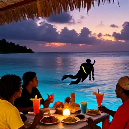 Caribbean Holidays, December Scuba Diving, Travellers relaxing at a seaside restaurant in Saint Kitts after a dive, with tropical drinks, local food and a colourful evening sky
