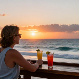 Caribbean Holidays, December Solo Holidays, A friendly solo visitor enjoying a beach bar at sunset on Tortola, British Virgin Islands, with colourful drinks, gentle waves and a relaxed island atmosphere