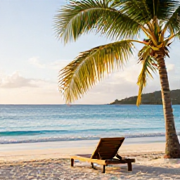 Caribbean Holidays, December Solo Holidays, A peaceful Caribbean beach in the British Virgin Islands with a lone sun lounger, palm trees and calm turquoise sea in warm December sunshine