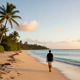 Caribbean Holidays, December Solo Holidays, A solo traveller walking along a quiet golden beach on Saint Kitts at sunrise, with calm turquoise sea and palm trees