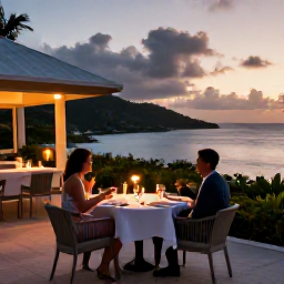 Caribbean Holidays, December Solo Holidays, A welcoming boutique hotel terrace in the British Virgin Islands at dusk, with a solo guest dining outdoors and views over a calm Caribbean bay