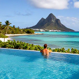 Caribbean Holidays, December Solo Holidays, Comfortable solo traveller relaxing at a Caribbean hotel pool overlooking turquoise sea in the United States Virgin Islands