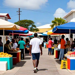 Caribbean Holidays, December Solo Holidays, Independent traveller walking through a colourful Caribbean market in Saint Martin and Sint Maarten, bright stalls and welcoming locals