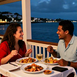 Caribbean Holidays, December Solo Holidays, Solo diner enjoying fresh Caribbean seafood at a waterfront restaurant in Christiansted, St Croix, December evening