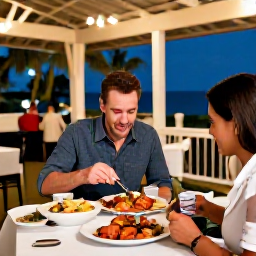 Caribbean Holidays, December Solo Holidays, Solo traveller dining at a friendly Caribbean restaurant in Grand Case, Saint Martin, with local seafood and evening lights
