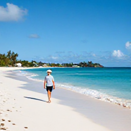 Caribbean Holidays, December Solo Holidays, Solo traveller walking along a bright white Caribbean beach in St Thomas, United States Virgin Islands, December sunshine