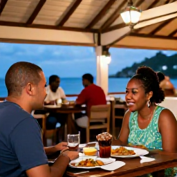 Caribbean Holidays, December Solo Holidays, Welcoming solo traveller dining at a small open-air Caribbean restaurant in Saint Kitts, with local food and evening lights