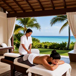 Caribbean Holidays, December Spa Breaks, A couple enjoying a couples massage in an elegant open-air spa treatment room overlooking tropical gardens and the Caribbean Sea