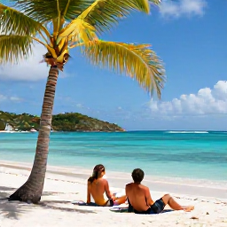 Caribbean Holidays, December Spa Breaks, A couple relaxing on a quiet white-sand beach with palm trees and calm turquoise water in the British Virgin Islands