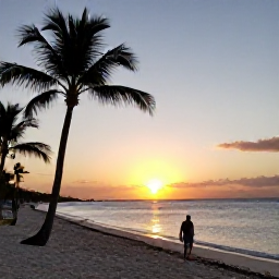 Caribbean Holidays, December Spa Breaks, A golden sunset over a palm-fringed Dominican Republic beach with a relaxed guest walking beside the sea