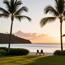 Caribbean Holidays, December Spa Breaks, A luxurious beachfront resort at golden hour with palm trees and calm sea in the British Virgin Islands