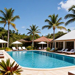 Caribbean Holidays, December Spa Breaks, A peaceful Dominican Republic resort pool surrounded by palm trees, loungers and tropical gardens under a clear blue sky