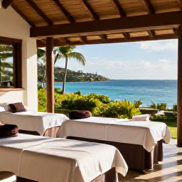 Caribbean Holidays, December Spa Breaks, A peaceful luxury spa overlooking the Caribbean Sea on Saint Kitts, with treatment rooms, tropical greenery and warm December sunlight