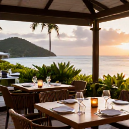 Caribbean Holidays, December Spa Breaks, A stylish Caribbean restaurant serving a fresh dinner on an open-air terrace at sunset in the British Virgin Islands