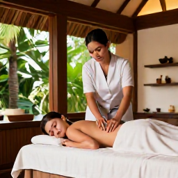 Caribbean Holidays, December Spa Breaks, A therapist giving a relaxing massage in an elegant Caribbean spa, with natural wood, soft towels and tropical plants