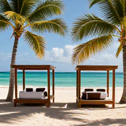 Caribbean Holidays, December Spa Breaks, A tranquil luxury spa beside a turquoise Caribbean beach in the Dominican Republic, with palm trees, treatment cabanas and warm December sunshine