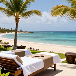 Caribbean Holidays, December Spa Breaks, A tranquil luxury spa overlooking a bright Caribbean beach in Cura&ccedil;ao, with treatment beds, palms and calm turquoise water