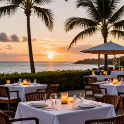 Caribbean Holidays, December Spa Breaks, An outdoor Caribbean restaurant at sunset, with a beautifully set table, candles, palm trees and views across the water