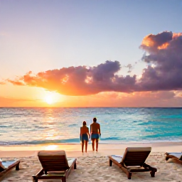 Caribbean Holidays, December Spa Breaks, Beautiful Jamaican beach at sunset in December with comfortable loungers, turquoise water and a couple enjoying a peaceful walk