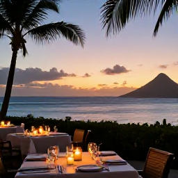 Caribbean Holidays, December Spa Breaks, Caribbean sunset dining terrace with gentle candlelight, palm silhouettes and views across the sea in the United States Virgin Islands