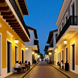 Caribbean Holidays, December Spa Breaks, Colourful evening street in Old San Juan, Puerto Rico, with historic buildings, warm lights and visitors enjoying December dining