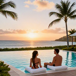 Caribbean Holidays, December Spa Breaks, Couple enjoying a peaceful Caribbean spa holiday in Saint Martin and Sint Maarten, sunset sea view and palm-fringed resort