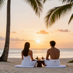 Caribbean Holidays, December Spa Breaks, Couple enjoying a quiet beachfront spa moment at sunset in Tobago, with soft golden light and palm trees