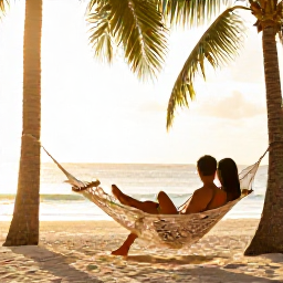 Caribbean Holidays, December Spa Breaks, Couple relaxing at a Jamaican luxury spa resort in December, beachfront hammock, palm trees and golden afternoon sunshine
