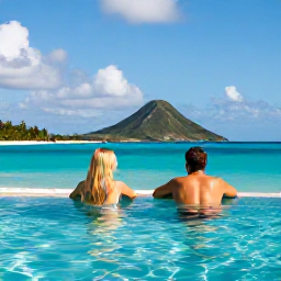 Caribbean Holidays, December Spa Breaks, Couple relaxing beside an infinity pool at a Caribbean resort in the United States Virgin Islands during a sunny December holiday