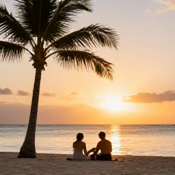 Caribbean Holidays, December Spa Breaks, Couple relaxing on a quiet Cura&ccedil;ao beach at sunset, with palm trees, calm sea and soft golden light