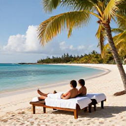 Caribbean Holidays, December Spa Breaks, Couple relaxing on Grace Bay Beach after a spa treatment, with white sand, calm turquoise water and palm trees in December sunlight
