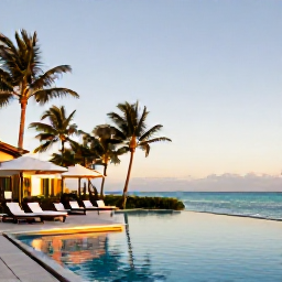 Caribbean Holidays, December Spa Breaks, Elegant beachfront spa resort in Turks and Caicos at golden hour, with a calm pool, palm trees and turquoise sea
