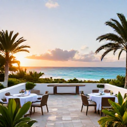 Caribbean Holidays, December Spa Breaks, Elegant Bermuda resort terrace with outdoor dining, tropical planting and a sunset ocean view