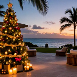 Caribbean Holidays, December Spa Breaks, Elegant Caribbean resort terrace decorated for Christmas, with candles, tropical flowers and a sunset over the sea