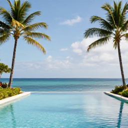 Caribbean Holidays, December Spa Breaks, Elegant Caribbean spa resort pool beside palm trees and a calm blue sea in Tobago during December
