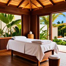 Caribbean Holidays, December Spa Breaks, Elegant Cura&ccedil;ao resort spa interior with massage room, natural wood, soft towels and tropical plants