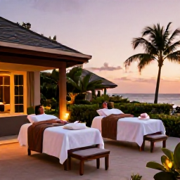 Caribbean Holidays, December Spa Breaks, Elegant Puerto Rico resort terrace at sunset, tropical plants, soft lights and a couple relaxing after a spa treatment
